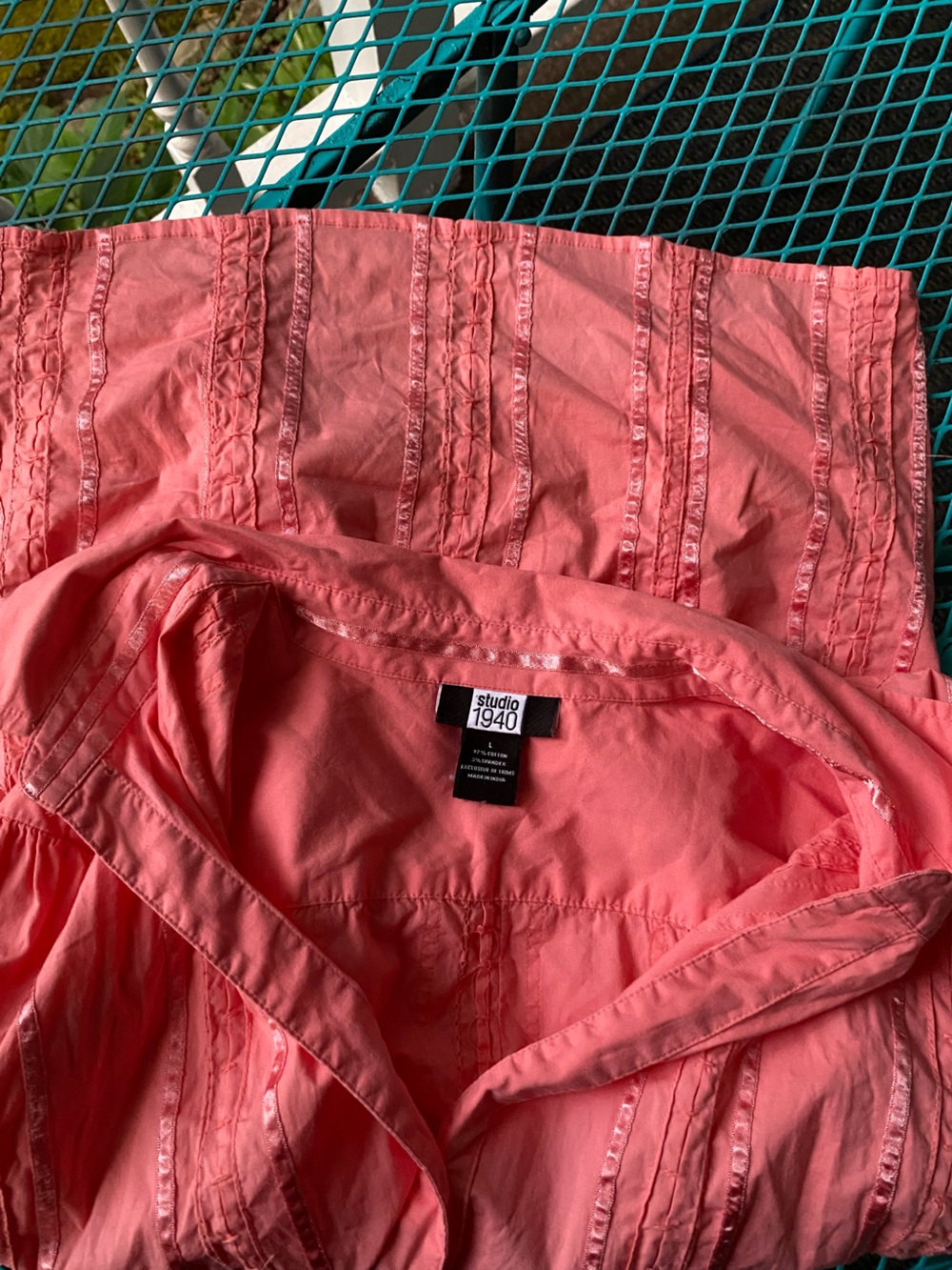 Studio 1940 Coral Pink Ribbon Trim Short-Sleeve Button Up Shirt Size Large - Picture 15 of 16